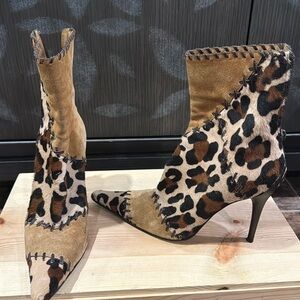 FUN BOOTIES! Casadei leopard print patch work booties leather lacing detail